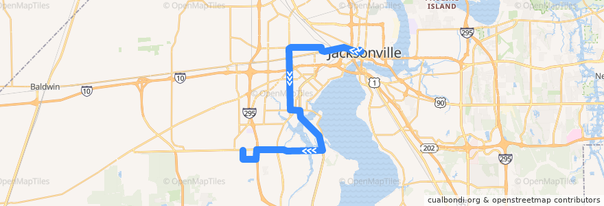 Mapa del recorrido JTA 53 Commonwealth/Cassat (southbound) de la línea  en 잭슨빌.