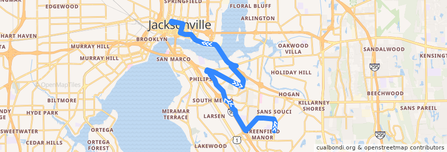 Mapa del recorrido JTA 33 Spring Park/Art Museum (northbound) de la línea  en Джэксонвилл.