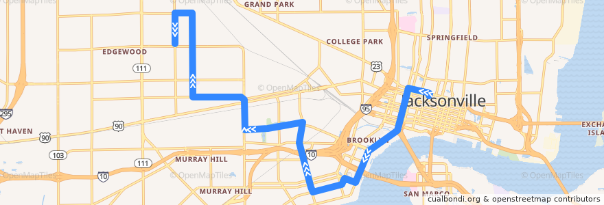 Mapa del recorrido JTA 32 McDuff (westbound) de la línea  en Jacksonville.