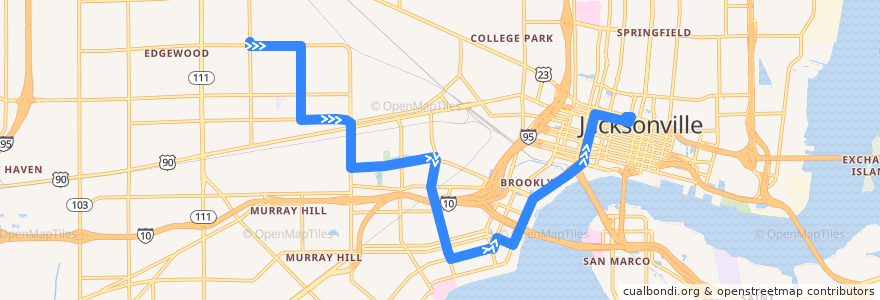 Mapa del recorrido JTA 32 McDuff (eastbound) de la línea  en جکسون‌ویل.