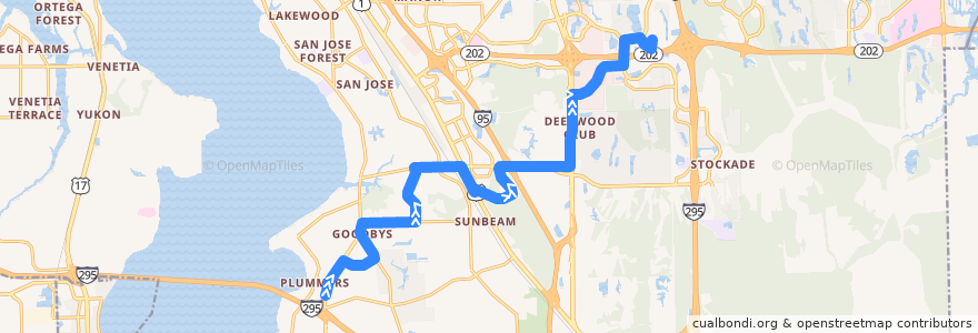 Mapa del recorrido JTA 28 Southside Boulevard/Sunbeam (northbound) de la línea  en ジャクソンビル.