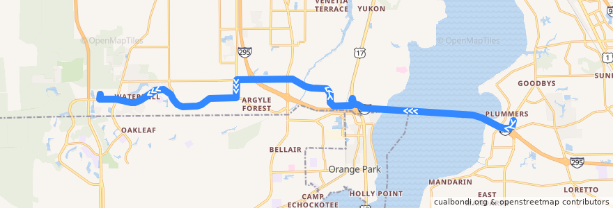 Mapa del recorrido JTA 26 Argyle Forest/Buckman Bridge (westbound) de la línea  en Jacksonville.