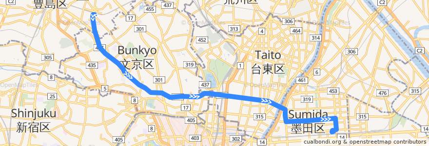 Mapa del recorrido 東京都交通局 都02 大塚駅前 - 錦糸町駅前 de la línea  en Tóquio.