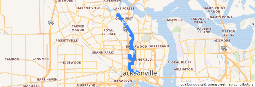 Mapa del recorrido JTA 86 Northside (northbound) de la línea  en 잭슨빌.