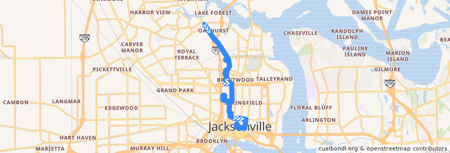 Mapa del recorrido JTA 86 Northside (southbound) de la línea  en ジャクソンビル.