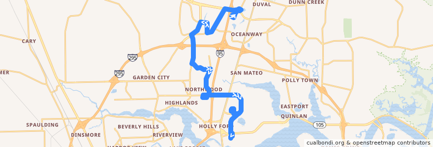 Mapa del recorrido JTA 85 Highlands/Busch Drive (southbound) de la línea  en 杰克逊维尔/傑克遜維爾.