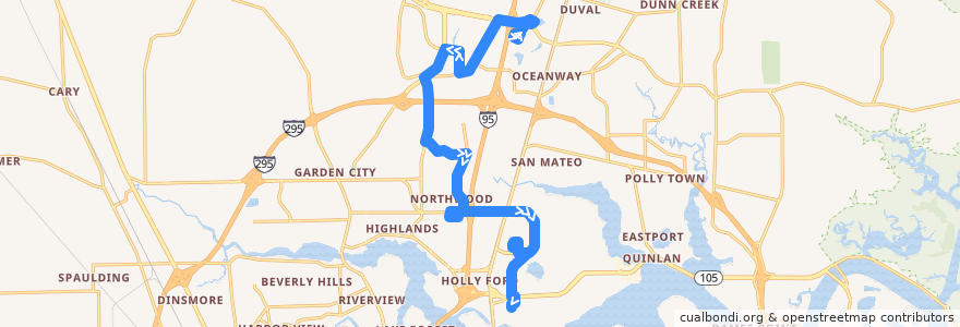 Mapa del recorrido JTA 85 Highlands/Busch Drive (southbound) de la línea  en Jacksonville.