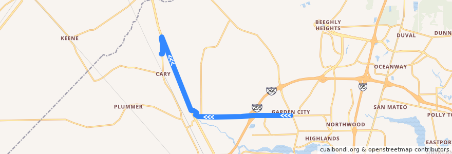 Mapa del recorrido JTA 81 Dinsmore Shuttle (westbound) de la línea  en 杰克逊维尔/傑克遜維爾.