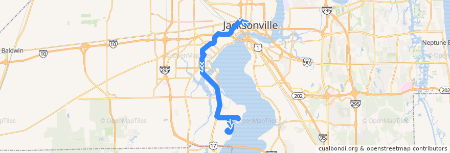 Mapa del recorrido JTA 80 NAS Shuttle (southbound) de la línea  en 杰克逊维尔/傑克遜維爾.