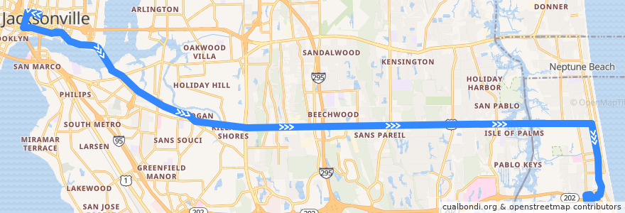 Mapa del recorrido JTA 205 Beaches Express (eastbound) de la línea  en مقاطعة دوفال (فلوريدا).