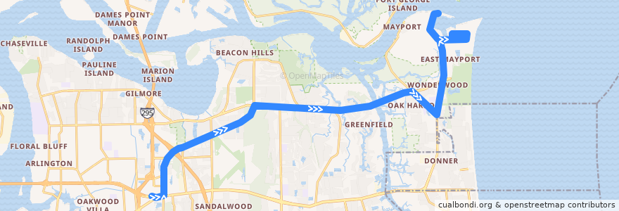 Mapa del recorrido JTA 202 Mayport Express (eastbound) de la línea  en Jacksonville.