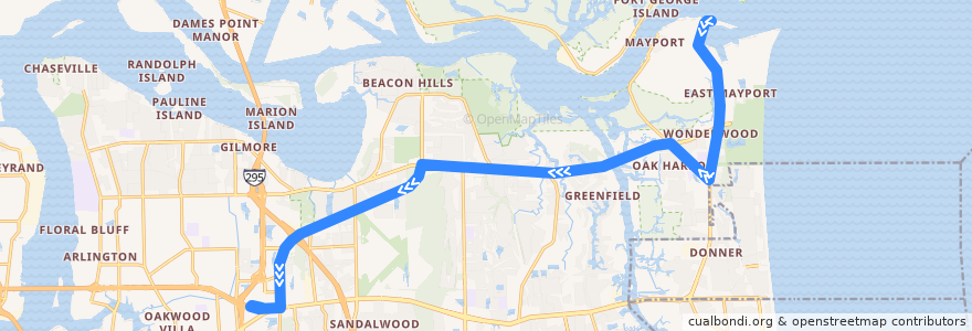 Mapa del recorrido JTA 202 Mayport Express (westbound) de la línea  en جاكسونفيل.