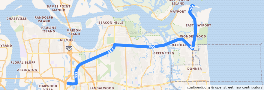 Mapa del recorrido JTA 202 Mayport Express (westbound) de la línea  en Jacksonville.