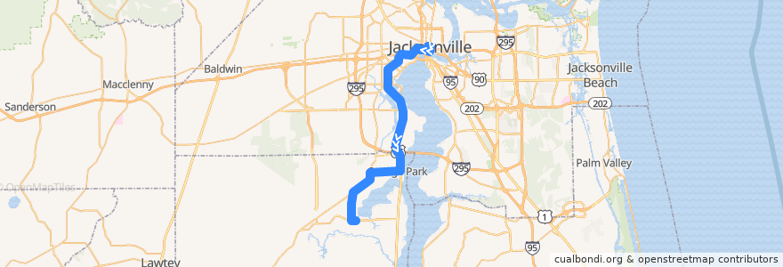 Mapa del recorrido JTA 201 Clay Regional Express (southbound) de la línea  en Florida.