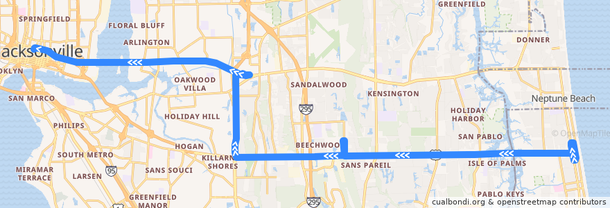 Mapa del recorrido JTA 109 First Coast Flyer Red Line (westbound) de la línea  en Duval County.