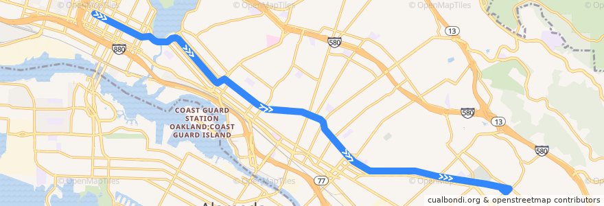 Mapa del recorrido AC Transit 40: Downtown Oakland => Eastmont Transit Center de la línea  en 奥克兰/奧克蘭/屋崙.