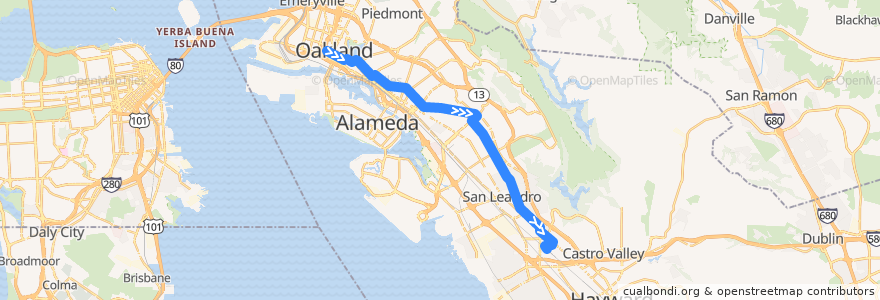 Mapa del recorrido AC Transit 40: Downtown Oakland => Eastmont Transit Center => Bay Fair BART de la línea  en Аламида.
