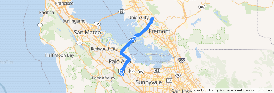 Mapa del recorrido Dumbarton Express DB1: Stanford Research Park => Union City BART de la línea  en California.