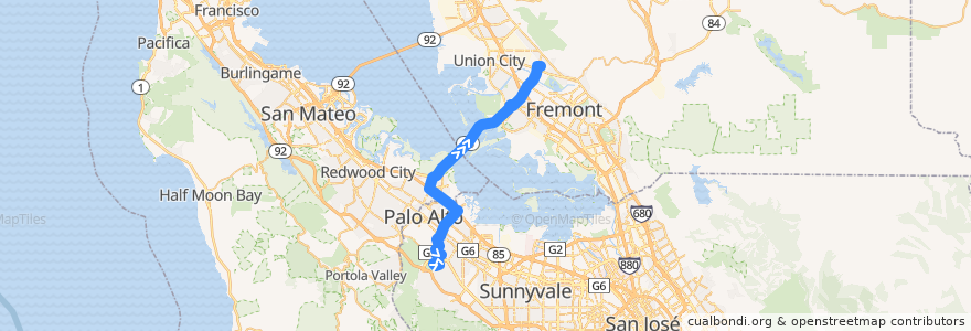 Mapa del recorrido Dumbarton Express DB1: Stanford Research Park => VA Hospital Palo Alto => Union City BART de la línea  en California.