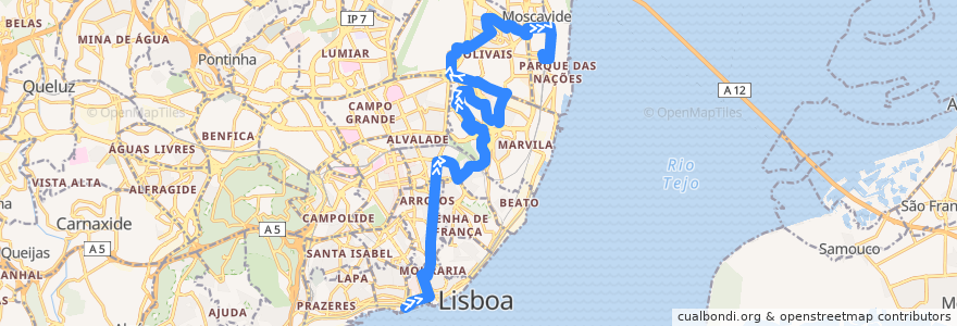 Mapa del recorrido Bus 208: Cais do Sodré → Estação do Oriente de la línea  en Lisboa.