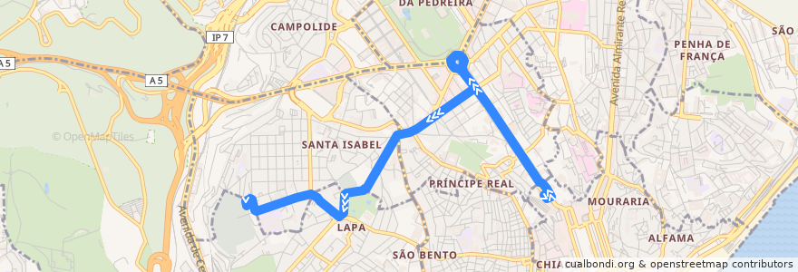 Mapa del recorrido Bus 709: Restauradores → Campo de Ourique (Prazeres) de la línea  en Lisboa.