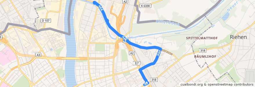 Mapa del recorrido Bus 46: Badischer Bahnhof => Kleinhüningen de la línea  en Basel.