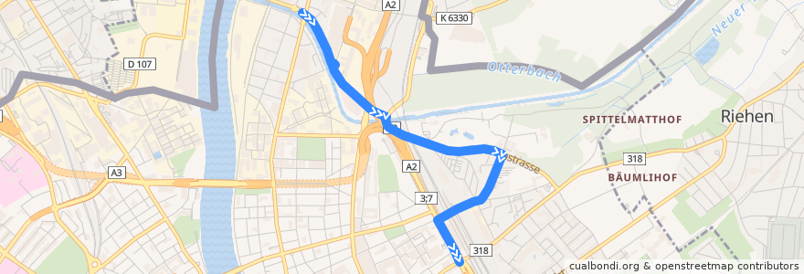 Mapa del recorrido Bus 46: Kleinhüningen => Badischer Bahnhof de la línea  en Bâle.