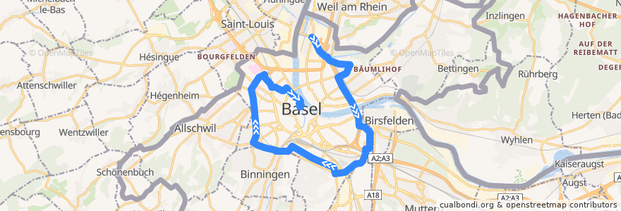 Mapa del recorrido Bus 36: Kleinhüningen => Lange Erlen => Schifflände de la línea  en Basel.