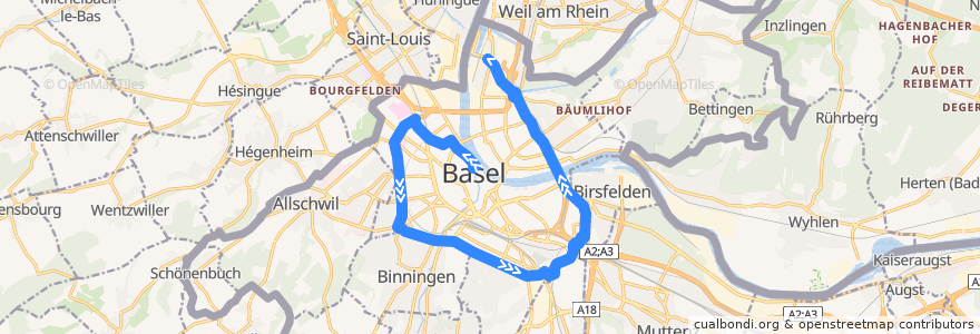 Mapa del recorrido Bus 36: Schifflände => Erlenmatt => Kleinhüningen de la línea  en Basel.