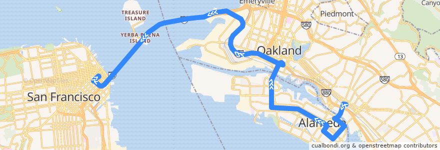 Mapa del recorrido AC Transit O: Fruitvale BART => Salesforce Transit Center de la línea  en 캘리포니아주.