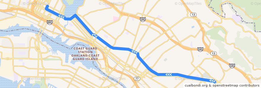 Mapa del recorrido AC Transit 840: Eastmont Transit Center => Downtown Oakland de la línea  en 奥克兰/奧克蘭/屋崙.