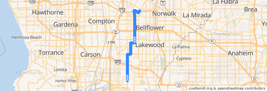 Mapa del recorrido 22 DOWNEY AV TO LAKEWOOD GREEN LINE STAT de la línea  en مقاطعة لوس أنجلس.