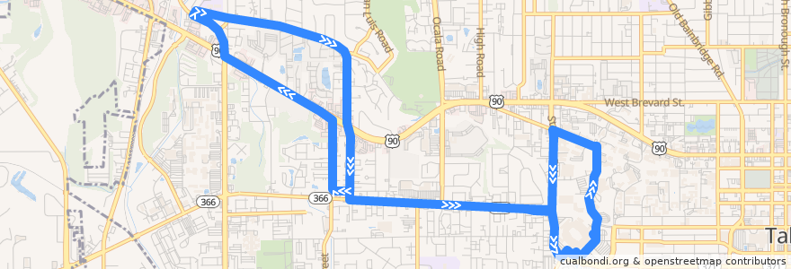 Mapa del recorrido StarMetro FSU Seminole Express Osceola de la línea  en Tallahassee.