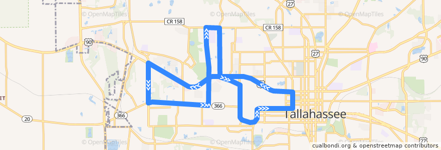 Mapa del recorrido StarMetro FSU Seminole Express Night Nole de la línea  en تالاهاسی، فلوریدا.