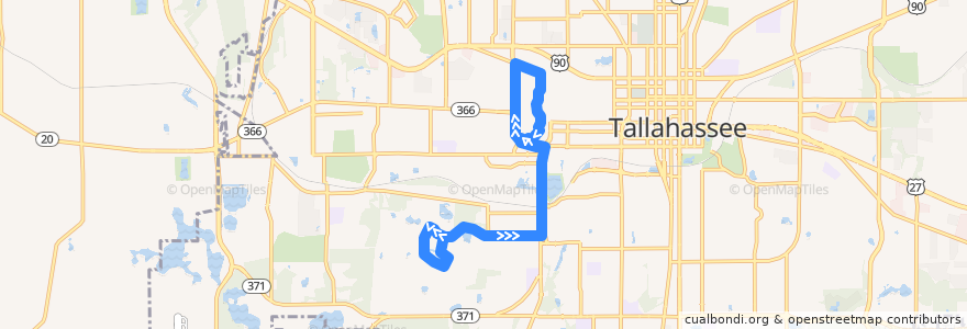 Mapa del recorrido StarMetro FSU Seminole Express Innovation de la línea  en 達拉哈西/塔拉赫西.