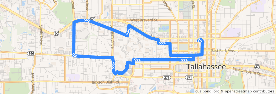 Mapa del recorrido StarMetro FSU Seminole Express Heritage de la línea  en Tallahassee.