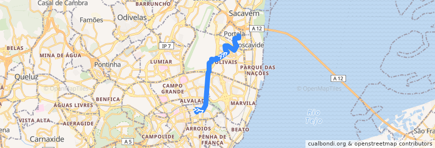 Mapa del recorrido Bus 722: Praça de Londres → Portela - Rua dos Escritores de la línea  en Lisbona.