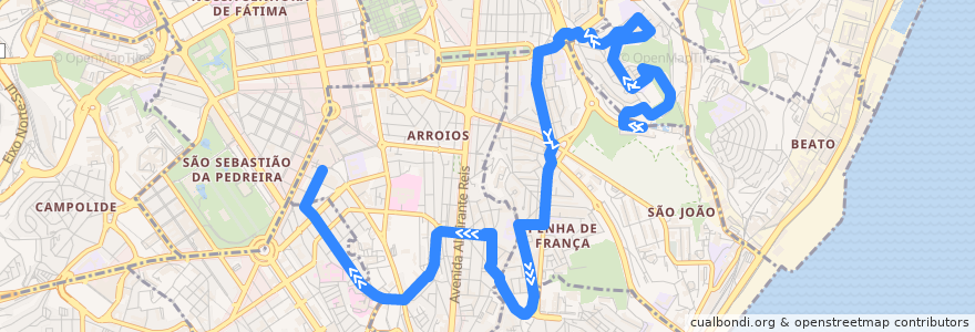 Mapa del recorrido Bus 730: Picheleira (Quinta do Lavrado) → Picoas de la línea  en Lisboa.