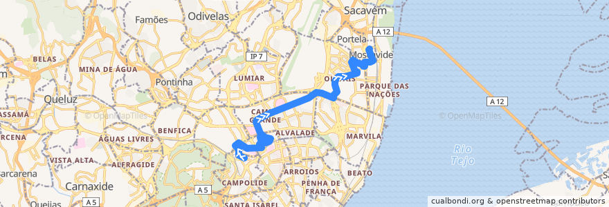 Mapa del recorrido Bus 731: Avenida José Malhoa → Moscavide Centro de la línea  en Lisboa.