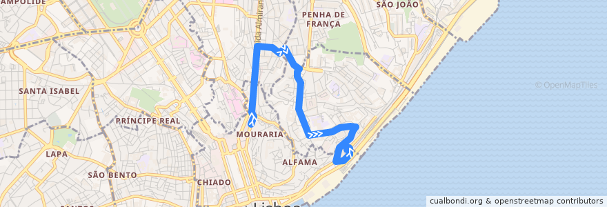 Mapa del recorrido Bus 734: Martim Moniz → Estação de Santa Apolónia de la línea  en Lizbon.