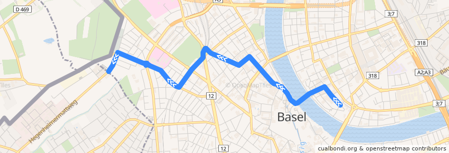 Mapa del recorrido Bus 38: Claraplatz => Bachgraben de la línea  en Basel.