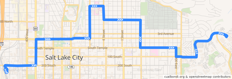 Mapa del recorrido UTA Route 6 6th Avenue (to University Medical Center from Salt Lake Central Station, Sunday) de la línea  en Salt Lake City.