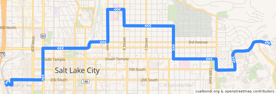 Mapa del recorrido UTA Route 6 6th Avenue (from University Medical Center to Salt Lake Central Station, Sunday) de la línea  en Salt Lake City.
