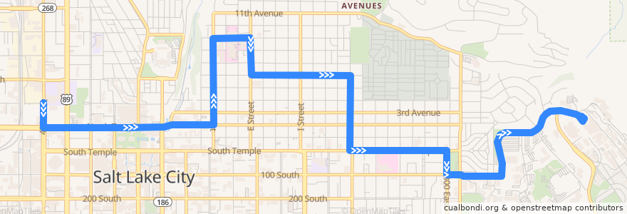 Mapa del recorrido UTA Route 6 6th Avenue (to University Medical Center, Saturday) de la línea  en Salt Lake City.