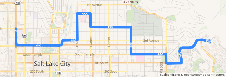 Mapa del recorrido UTA Route 6 6th Avenue (from University Medical Center to North Temple Station, Saturday) de la línea  en Salt Lake City.