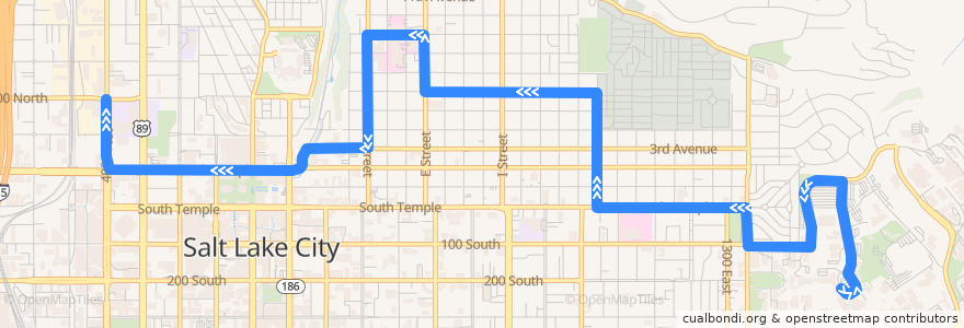 Mapa del recorrido UTA Route 6 6th Avenue (from University Central Campus to North Temple Station) de la línea  en Salt Lake City.
