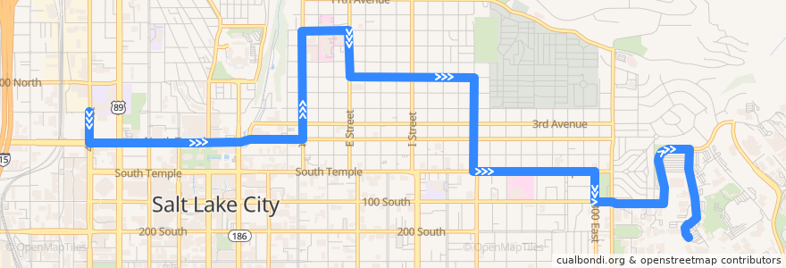 Mapa del recorrido UTA Route 6 6th Avenue (to University Central Campus) de la línea  en Salt Lake City.