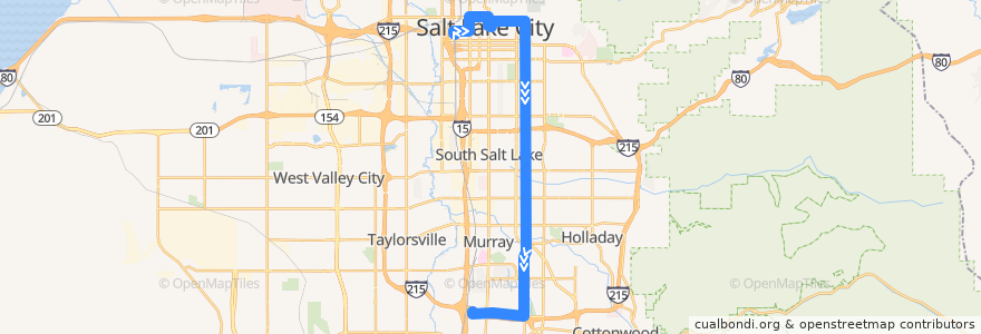 Mapa del recorrido UTA Route 209 900 East (to Fashion Place West Station from Salt Lake Central Station, Sunday) de la línea  en Salt Lake County.