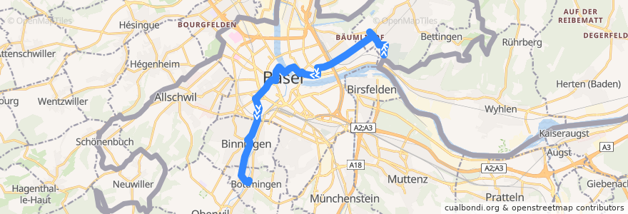 Mapa del recorrido Bus 34: Friedhof am Hörnli => Bottmingen Schloss (via Habermatten) de la línea  en Basel-Stadt.