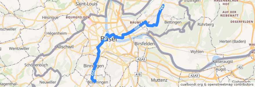 Mapa del recorrido Bus 34: Riehen Bahnhof => Bottmingen Schloss de la línea  en Basel-Stadt.